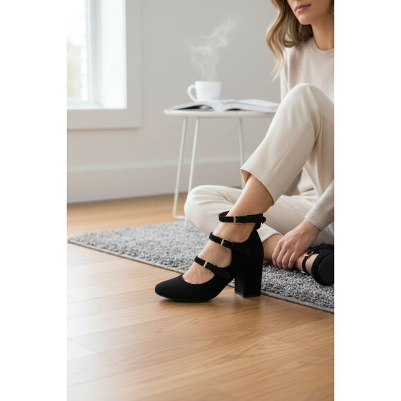 a new day Shoes - Womens 8.5 Black Faux Suede 3 Strap Mary Jane Pump Heels Round Toe Preppy